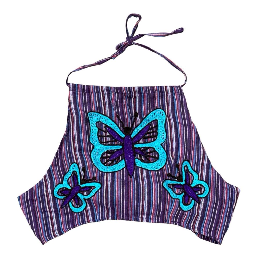 Y2K Purple Butterfly Halter Crop Top Womens Small Festival Hippie Boho Top